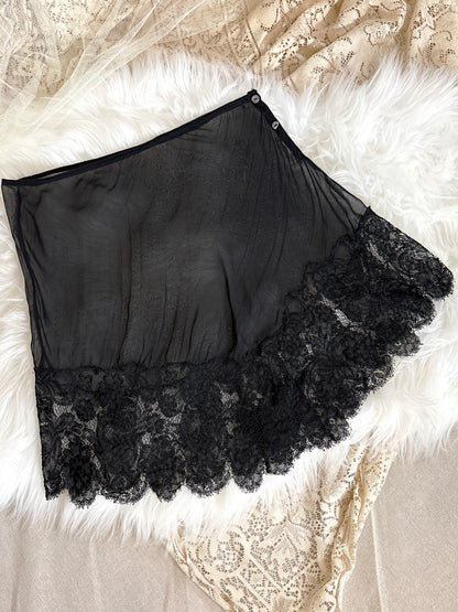 Antique 1920's Tap Pants - Sheer Black Silk Chiffon with Chantilly Lace & Abalone Buttons | M