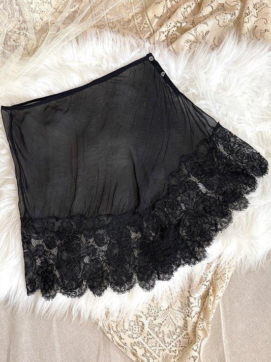 Antique 1920's Tap Pants - Sheer Black Silk Chiffon with Chantilly Lace & Abalone Buttons | M