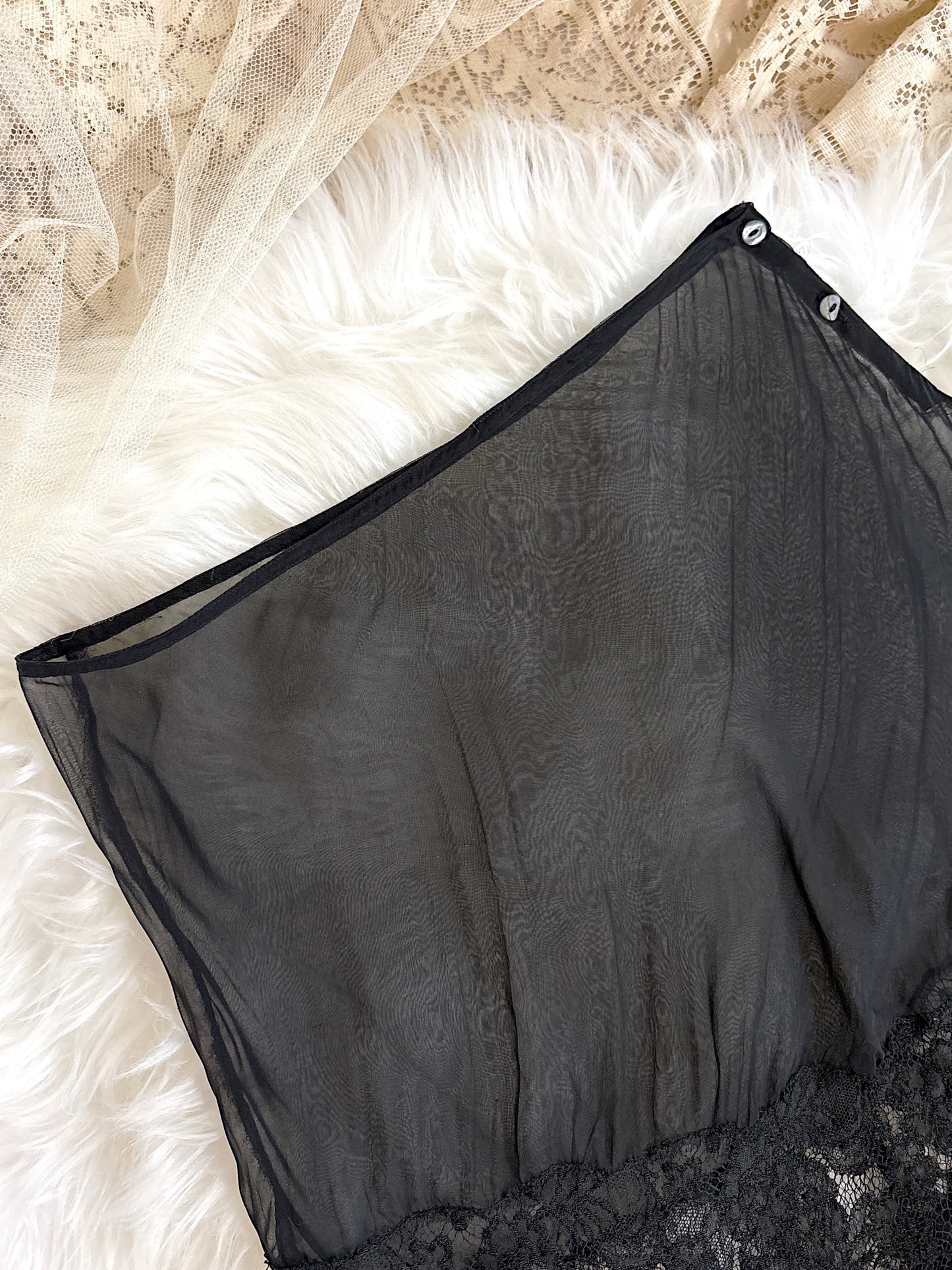 Antique 1920's Tap Pants - Sheer Black Silk Chiffon with Chantilly Lace & Abalone Buttons | M