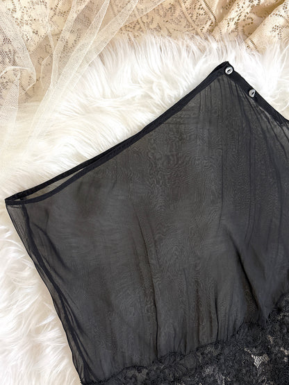 Antique 1920's Tap Pants - Sheer Black Silk Chiffon with Chantilly Lace & Abalone Buttons | M