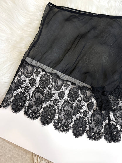 Antique 1920's Tap Pants - Sheer Black Silk Chiffon with Chantilly Lace & Abalone Buttons | M