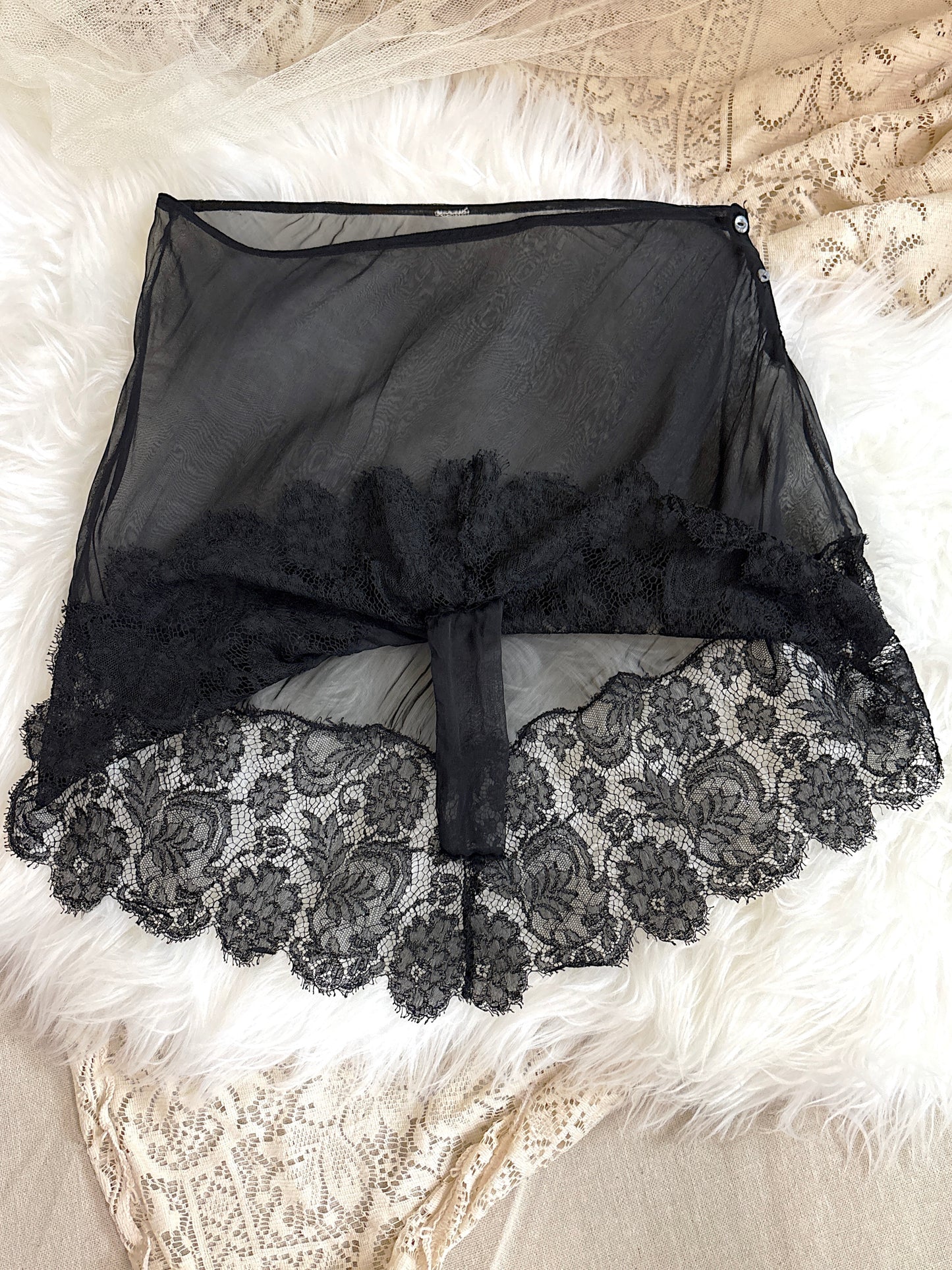 Antique 1920's Tap Pants - Sheer Black Silk Chiffon with Chantilly Lace & Abalone Buttons | M