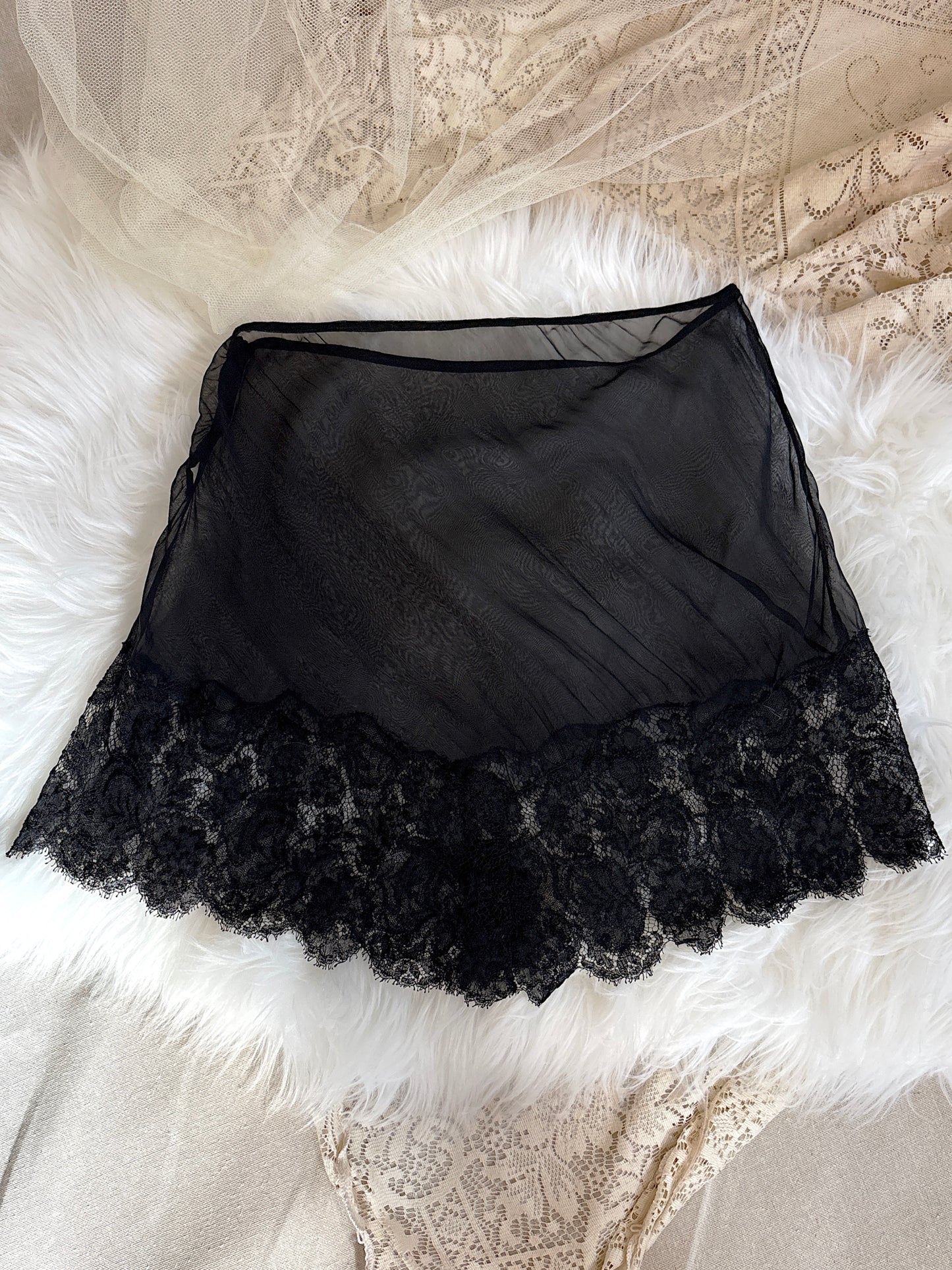 Antique 1920's Tap Pants - Sheer Black Silk Chiffon with Chantilly Lace & Abalone Buttons | M