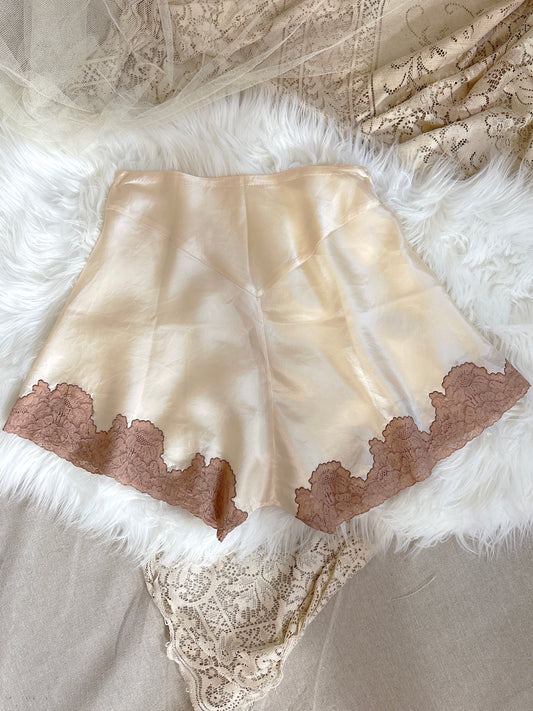 Vintage 1920's - 1930's Tap Pants - Ivory Crepe-Back Silk Satin with Deep Nude Lace | XS
