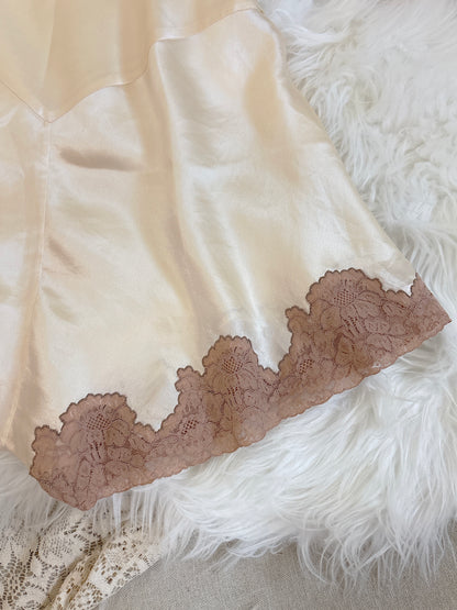 Vintage 1920's - 1930's Tap Pants - Ivory Crepe-Back Silk Satin with Deep Nude Lace | XS