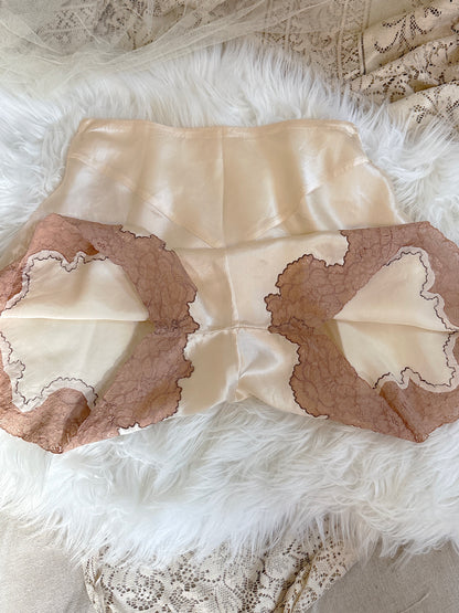 Vintage 1920's - 1930's Tap Pants - Ivory Crepe-Back Silk Satin with Deep Nude Lace | XS