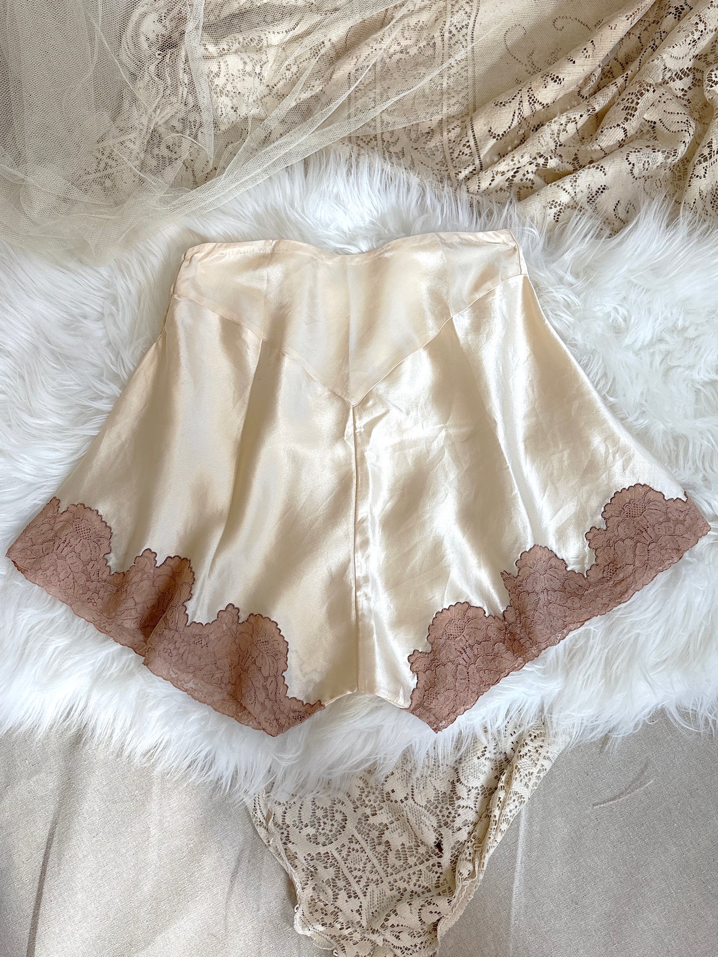 Vintage 1920's - 1930's Tap Pants - Ivory Crepe-Back Silk Satin with Deep Nude Lace | XS