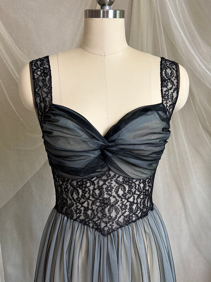 Vintage 1950's Nightgown & Peignoir Set - Icy Blue Nylon Chiffon with Black Lace Overlay by Rogers | XS