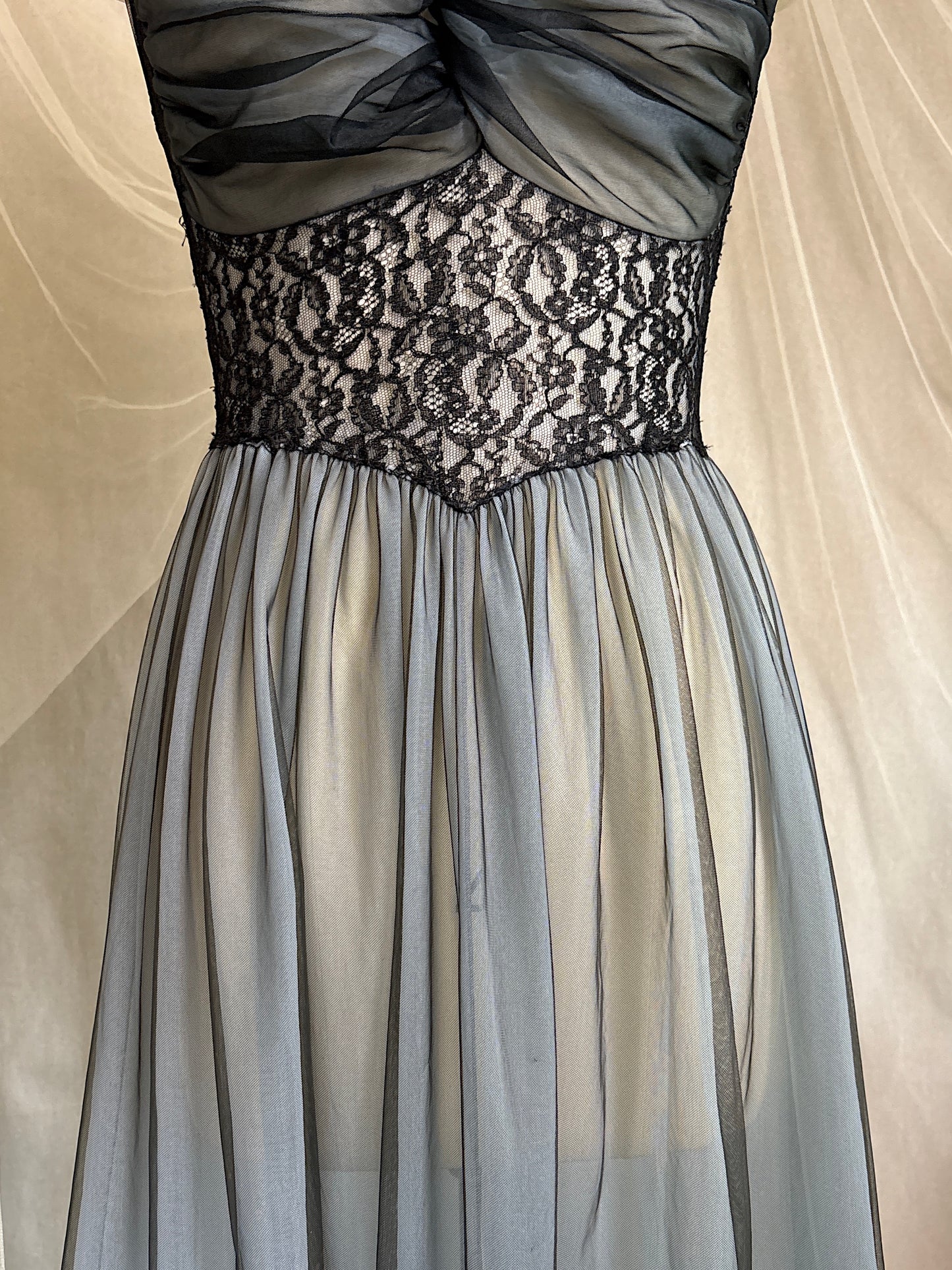 Vintage 1950's Nightgown & Peignoir Set - Icy Blue Nylon Chiffon with Black Lace Overlay by Rogers | XS