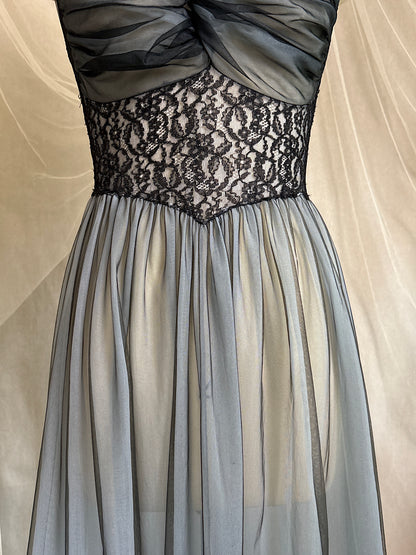 Vintage 1950's Nightgown & Peignoir Set - Icy Blue Nylon Chiffon with Black Lace Overlay by Rogers | XS