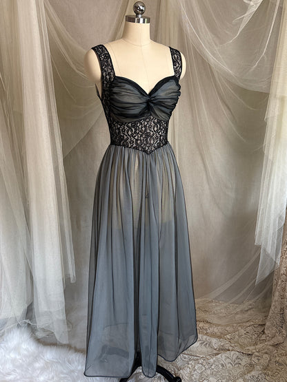 Vintage 1950's Nightgown & Peignoir Set - Icy Blue Nylon Chiffon with Black Lace Overlay by Rogers | XS