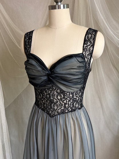 Vintage 1950's Nightgown & Peignoir Set - Icy Blue Nylon Chiffon with Black Lace Overlay by Rogers | XS