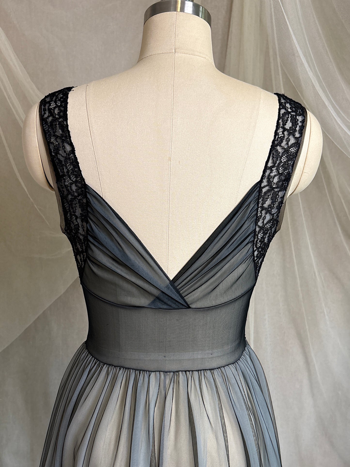 Vintage 1950's Nightgown & Peignoir Set - Icy Blue Nylon Chiffon with Black Lace Overlay by Rogers | XS