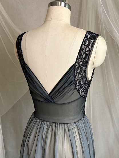 Vintage 1950's Nightgown & Peignoir Set - Icy Blue Nylon Chiffon with Black Lace Overlay by Rogers | XS