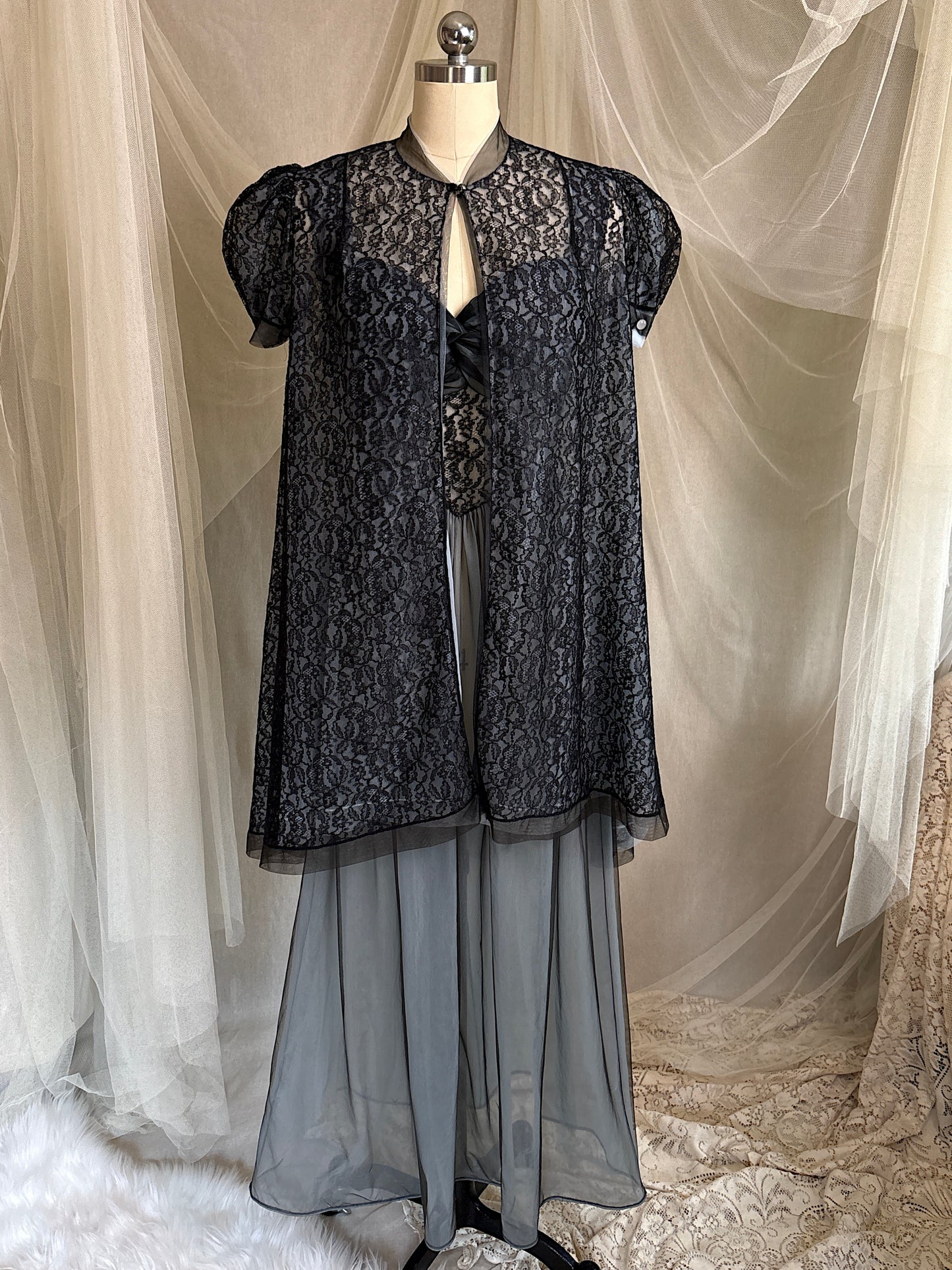 Vintage 1950's Nightgown & Peignoir Set - Icy Blue Nylon Chiffon with Black Lace Overlay by Rogers | XS