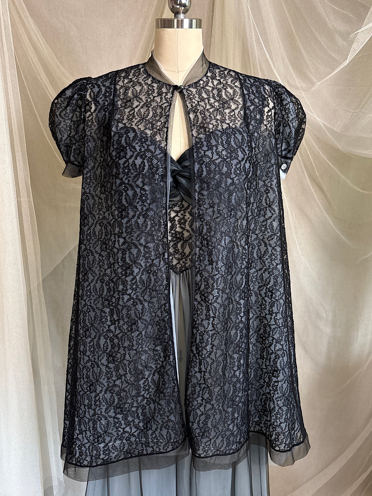 Vintage 1950's Nightgown & Peignoir Set - Icy Blue Nylon Chiffon with Black Lace Overlay by Rogers | XS