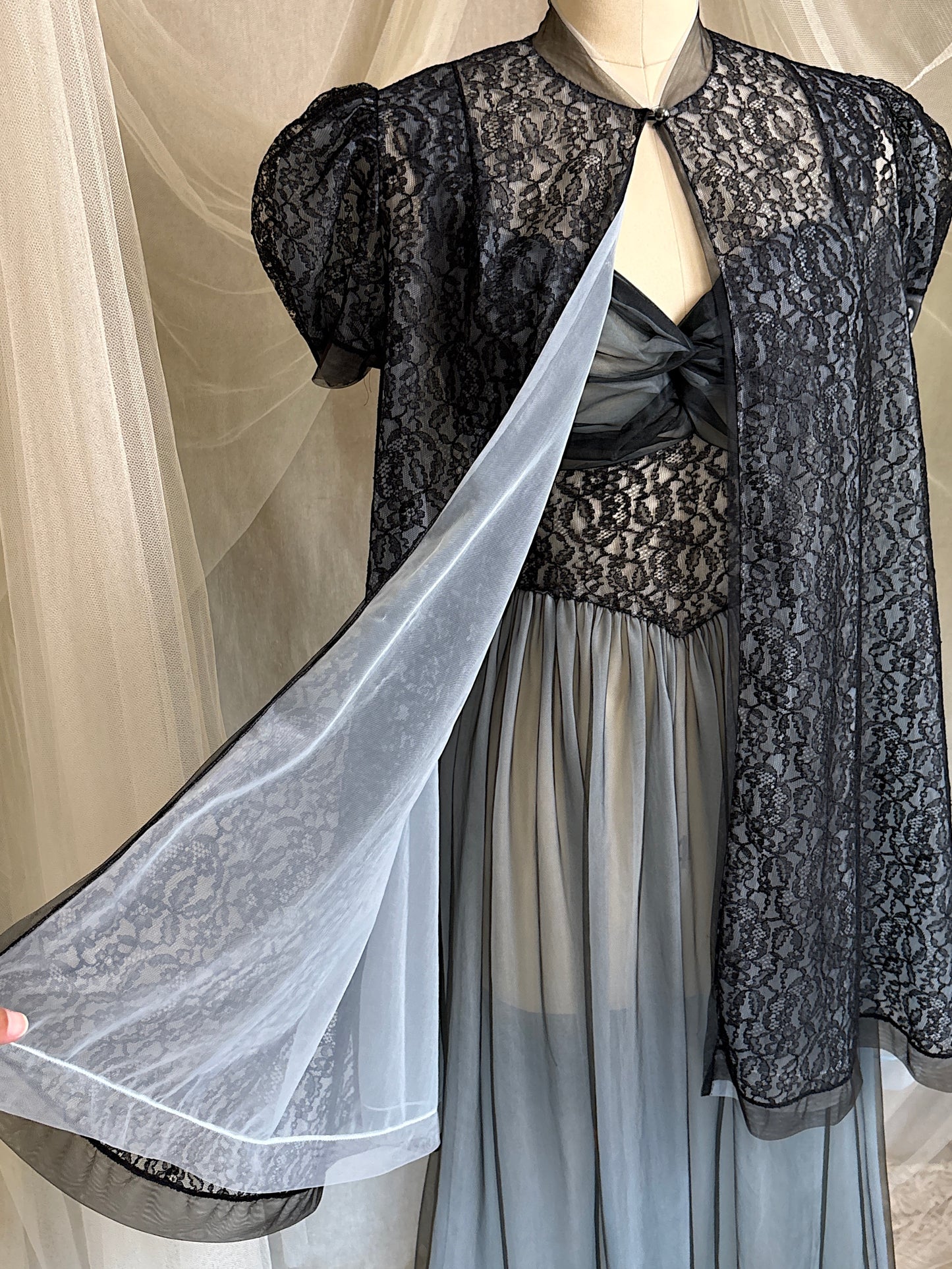 Vintage 1950's Nightgown & Peignoir Set - Icy Blue Nylon Chiffon with Black Lace Overlay by Rogers | XS