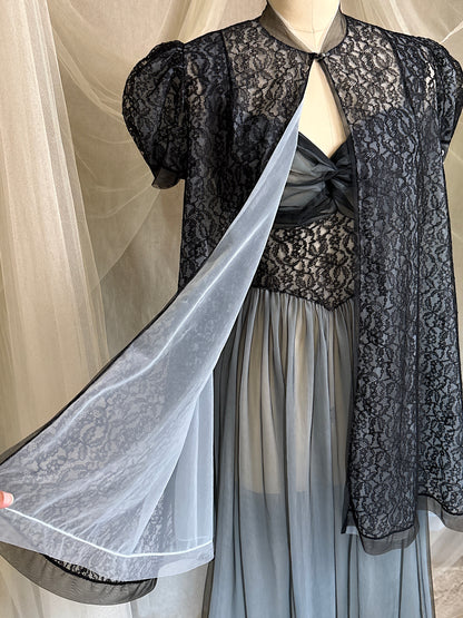 Vintage 1950's Nightgown & Peignoir Set - Icy Blue Nylon Chiffon with Black Lace Overlay by Rogers | XS