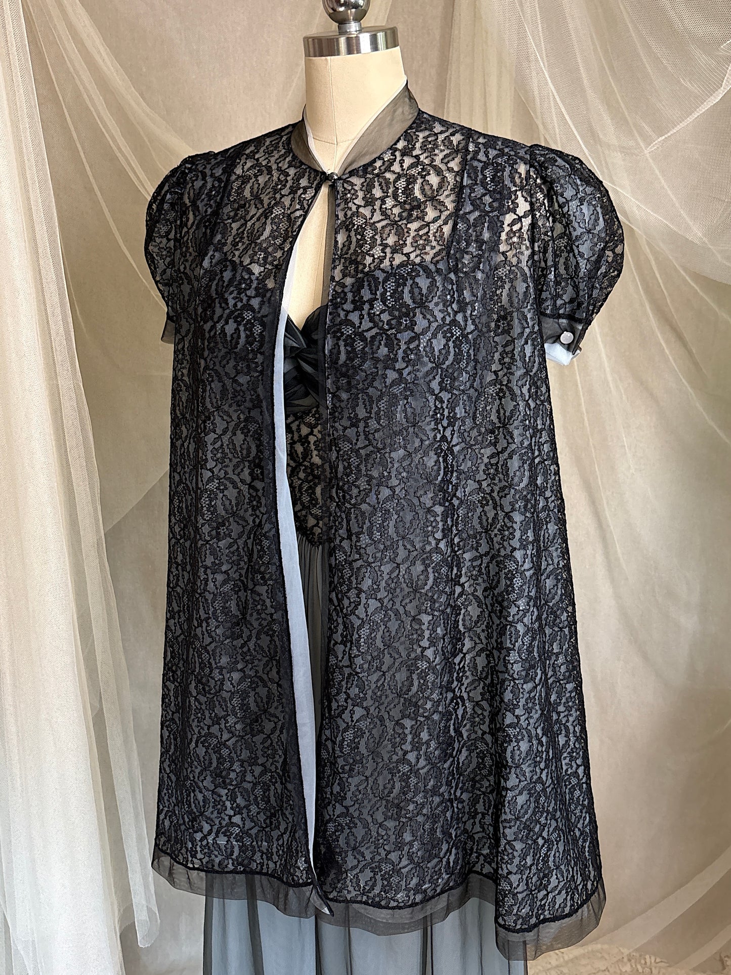 Vintage 1950's Nightgown & Peignoir Set - Icy Blue Nylon Chiffon with Black Lace Overlay by Rogers | XS