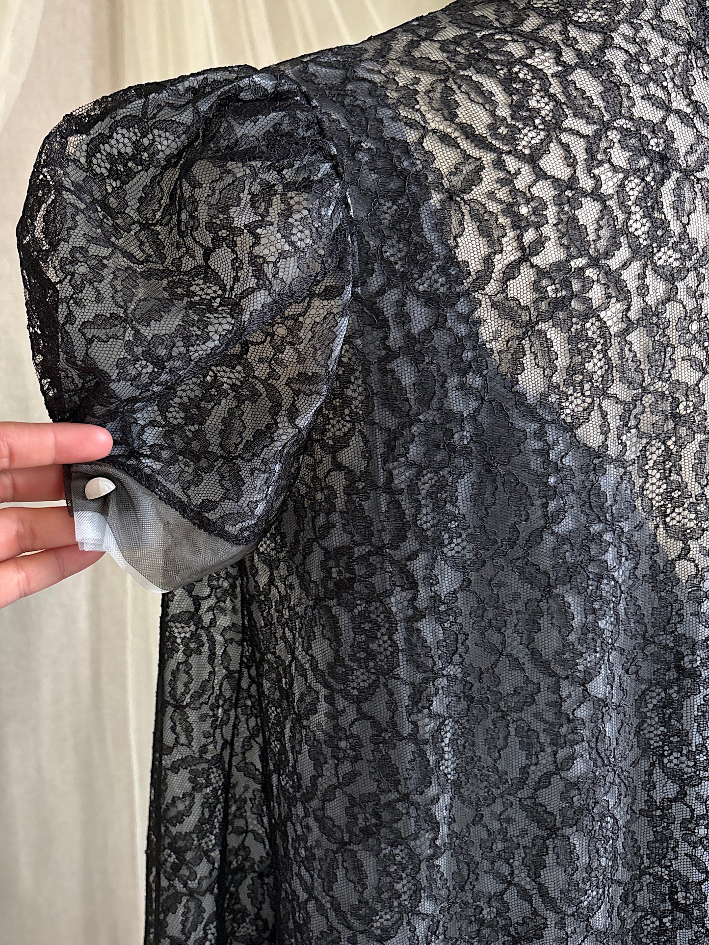 Vintage 1950's Nightgown & Peignoir Set - Icy Blue Nylon Chiffon with Black Lace Overlay by Rogers | XS