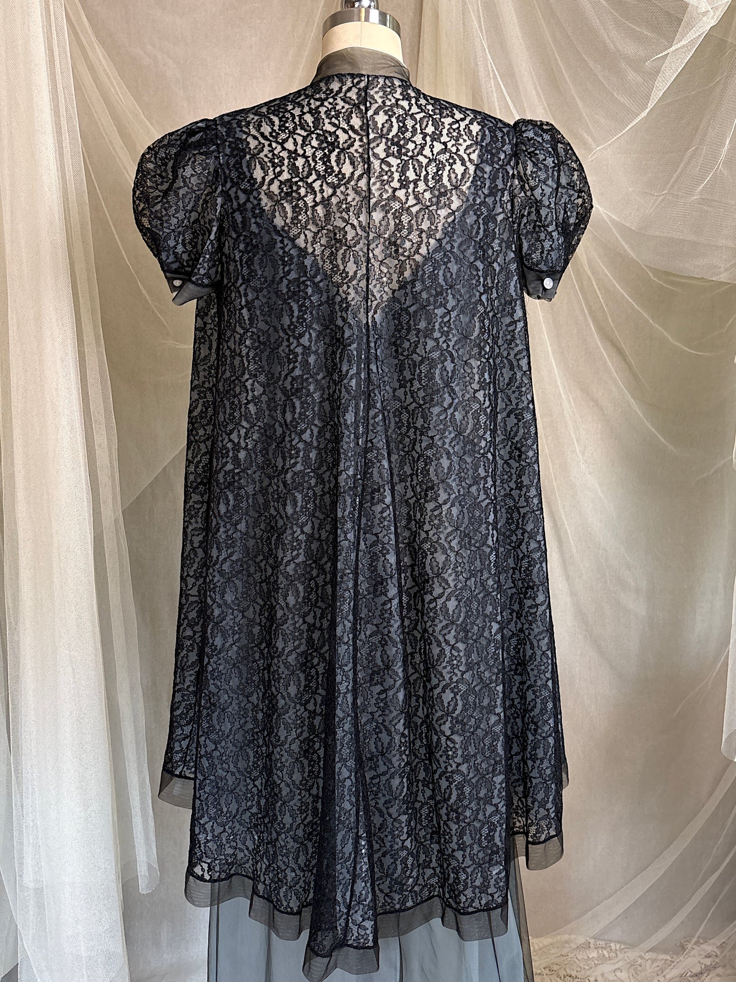 Vintage 1950's Nightgown & Peignoir Set - Icy Blue Nylon Chiffon with Black Lace Overlay by Rogers | XS