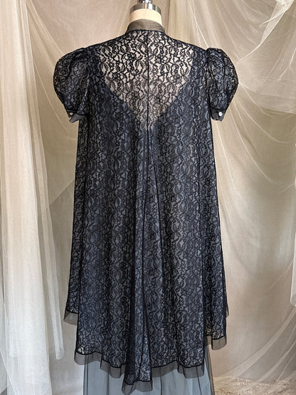 Vintage 1950's Nightgown & Peignoir Set - Icy Blue Nylon Chiffon with Black Lace Overlay by Rogers | XS