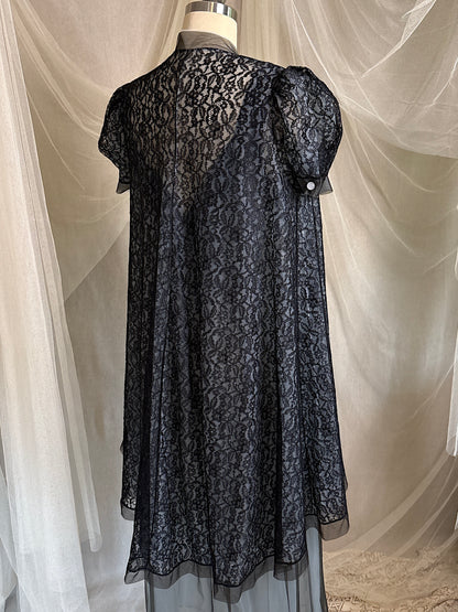 Vintage 1950's Nightgown & Peignoir Set - Icy Blue Nylon Chiffon with Black Lace Overlay by Rogers | XS