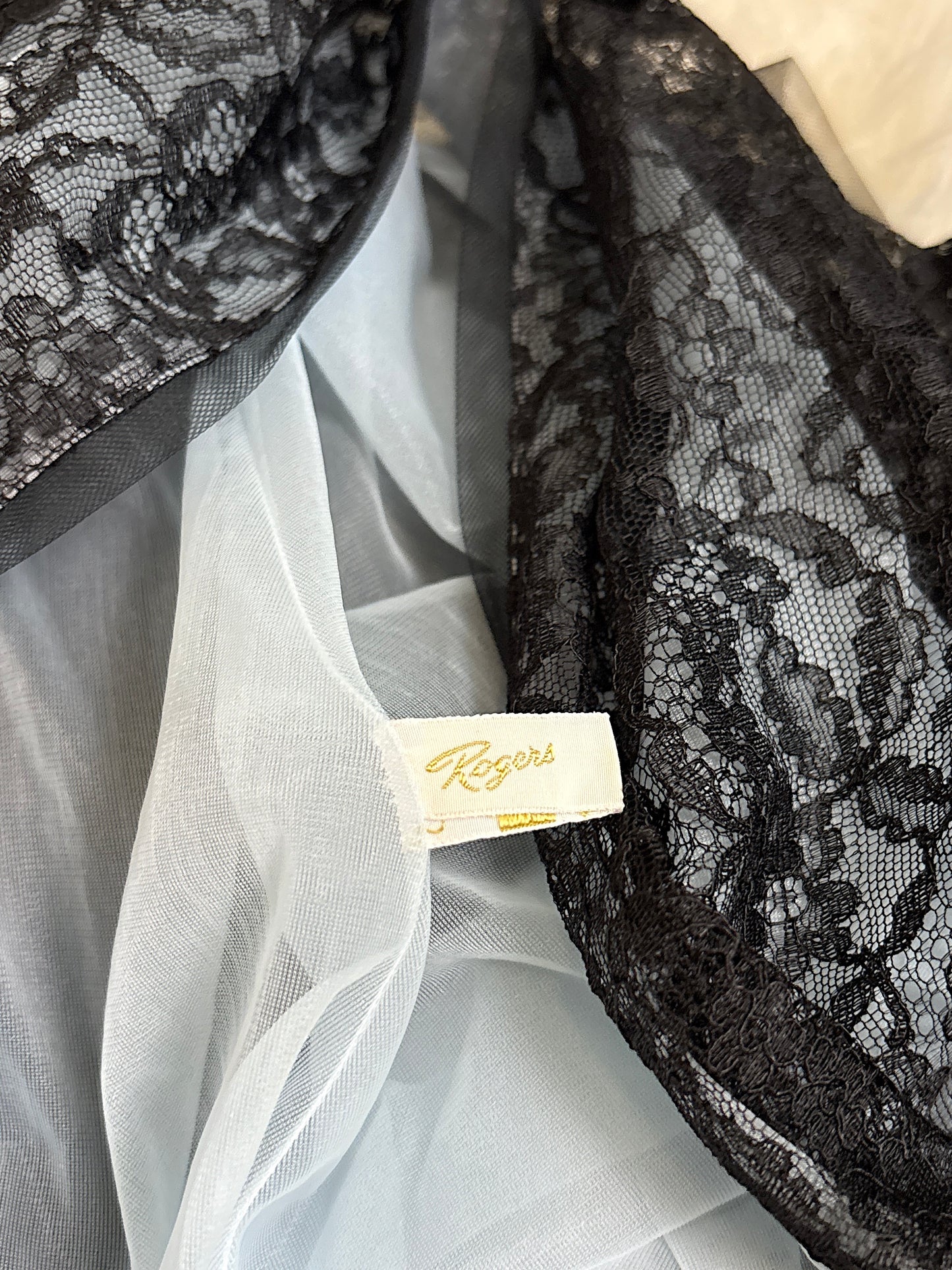 Vintage 1950's Nightgown & Peignoir Set - Icy Blue Nylon Chiffon with Black Lace Overlay by Rogers | XS