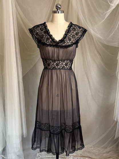 Vintage 1950's - 1960's Peignoir & Nightgown Set - Powder Pink Nylon Chiffon with Black Lace Overlay by Radcliffe | XS, S
