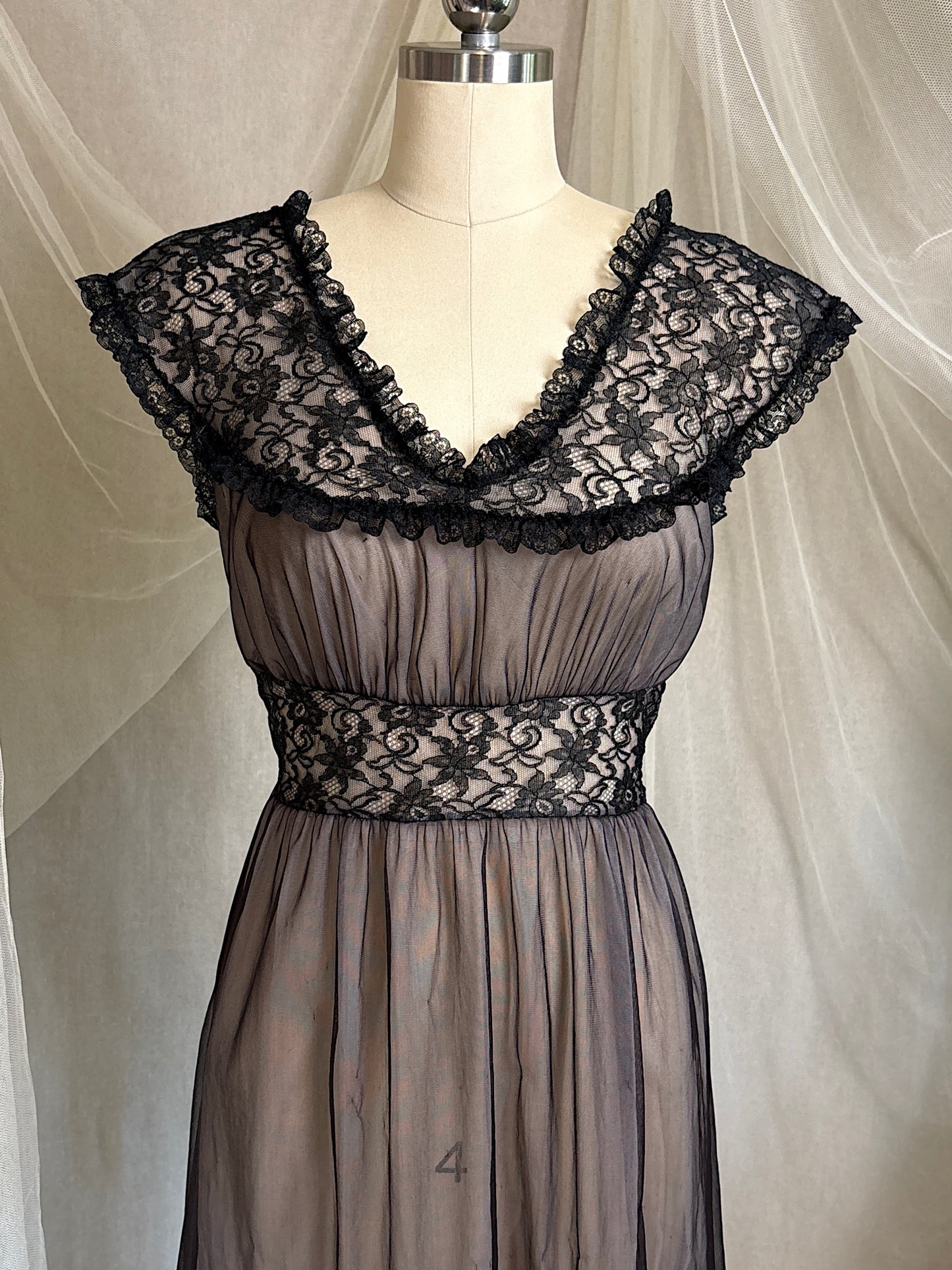 Vintage 1950's - 1960's Peignoir & Nightgown Set - Powder Pink Nylon Chiffon with Black Lace Overlay by Radcliffe | XS, S