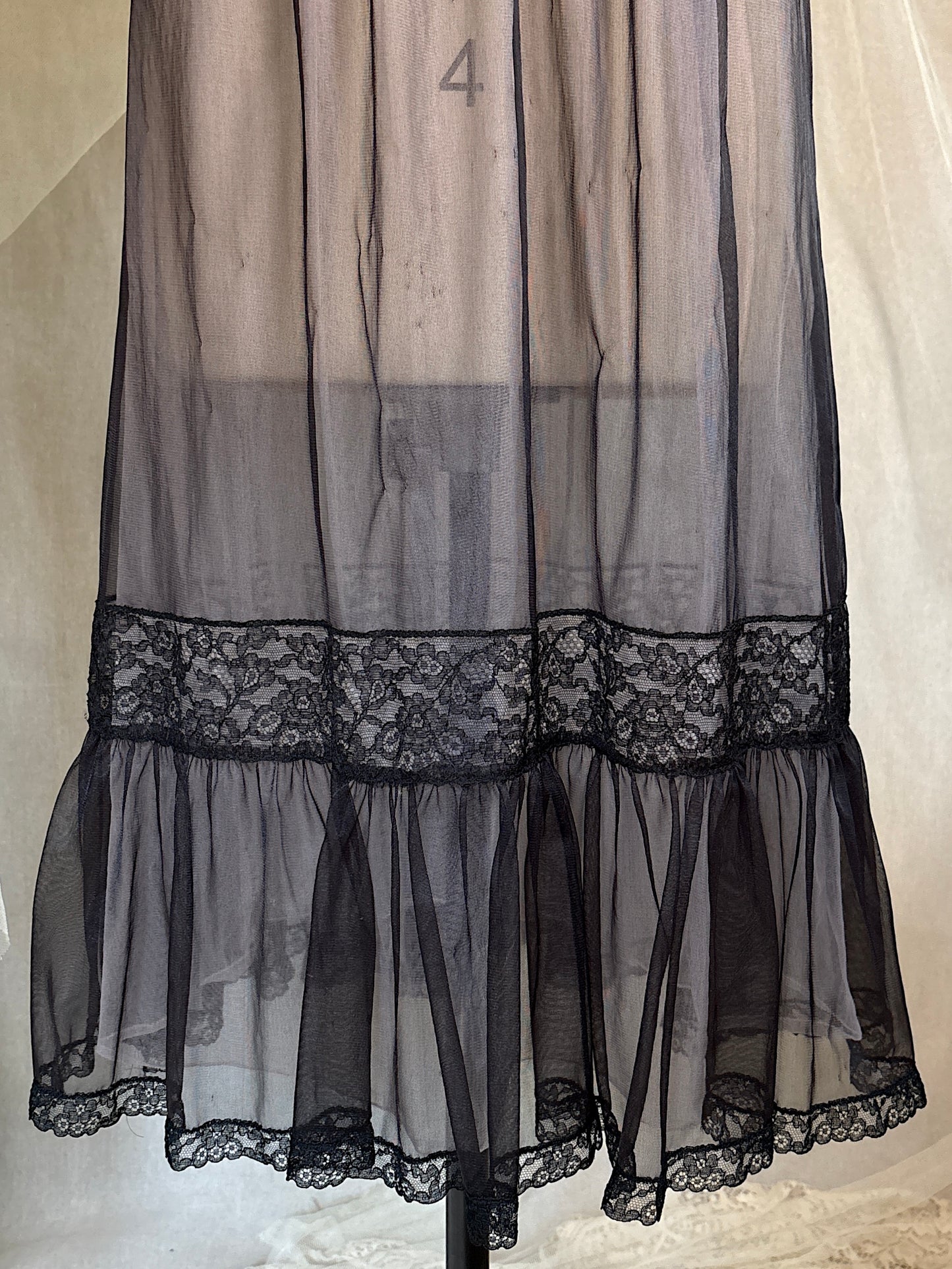 Vintage 1950's - 1960's Peignoir & Nightgown Set - Powder Pink Nylon Chiffon with Black Lace Overlay by Radcliffe | XS, S