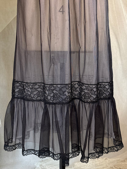 Vintage 1950's - 1960's Peignoir & Nightgown Set - Powder Pink Nylon Chiffon with Black Lace Overlay by Radcliffe | XS, S