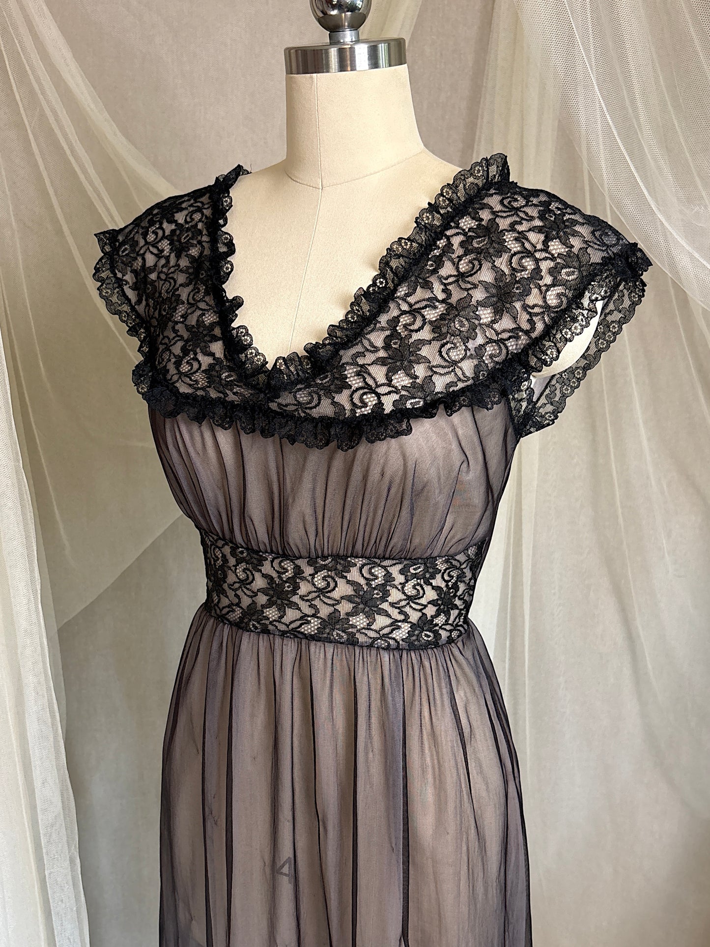 Vintage 1950's - 1960's Peignoir & Nightgown Set - Powder Pink Nylon Chiffon with Black Lace Overlay by Radcliffe | XS, S