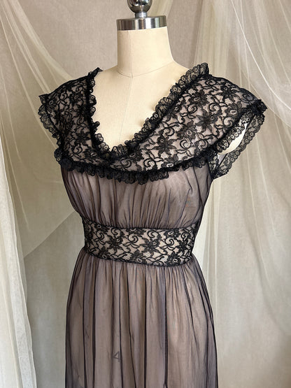 Vintage 1950's - 1960's Peignoir & Nightgown Set - Powder Pink Nylon Chiffon with Black Lace Overlay by Radcliffe | XS, S