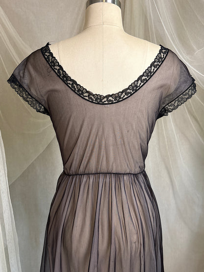 Vintage 1950's - 1960's Peignoir & Nightgown Set - Powder Pink Nylon Chiffon with Black Lace Overlay by Radcliffe | XS, S