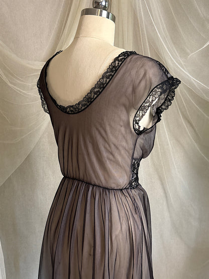 Vintage 1950's - 1960's Peignoir & Nightgown Set - Powder Pink Nylon Chiffon with Black Lace Overlay by Radcliffe | XS, S