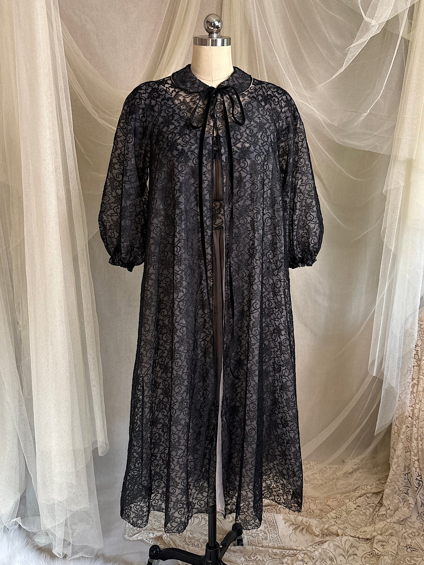Vintage 1950's - 1960's Peignoir & Nightgown Set - Powder Pink Nylon Chiffon with Black Lace Overlay by Radcliffe | XS, S