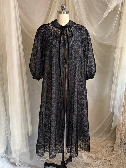 Vintage 1950's - 1960's Peignoir & Nightgown Set - Powder Pink Nylon Chiffon with Black Lace Overlay by Radcliffe | XS, S