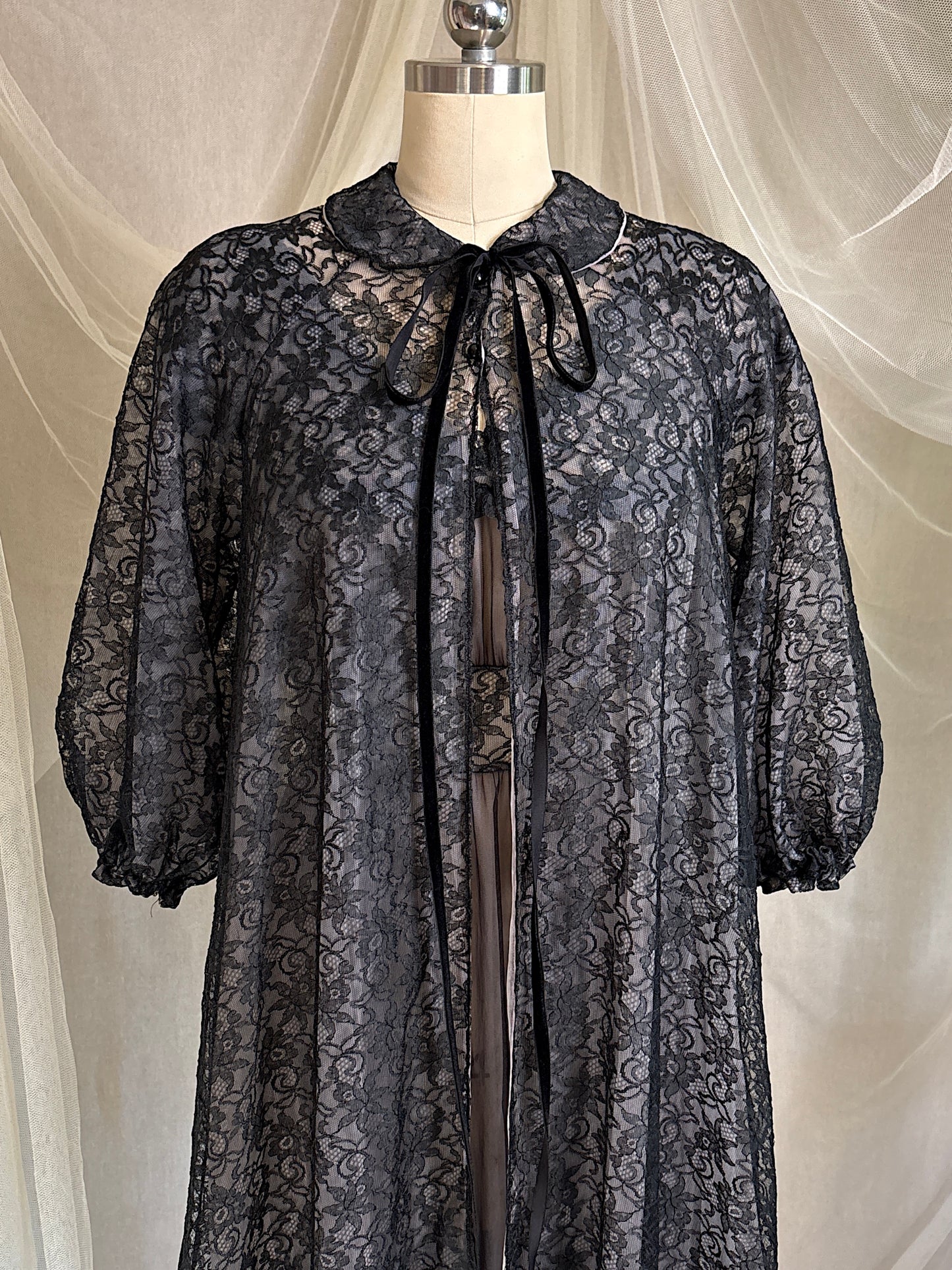 Vintage 1950's - 1960's Peignoir & Nightgown Set - Powder Pink Nylon Chiffon with Black Lace Overlay by Radcliffe | XS, S