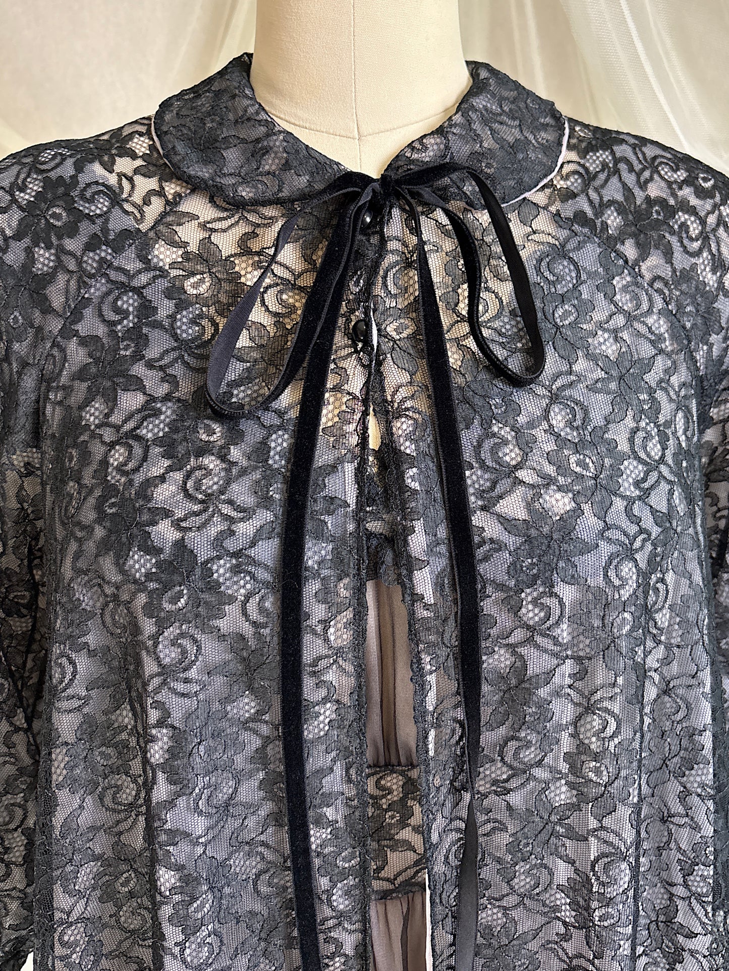 Vintage 1950's - 1960's Peignoir & Nightgown Set - Powder Pink Nylon Chiffon with Black Lace Overlay by Radcliffe | XS, S