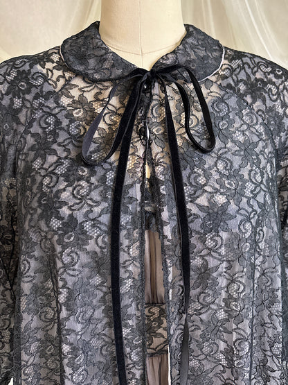 Vintage 1950's - 1960's Peignoir & Nightgown Set - Powder Pink Nylon Chiffon with Black Lace Overlay by Radcliffe | XS, S