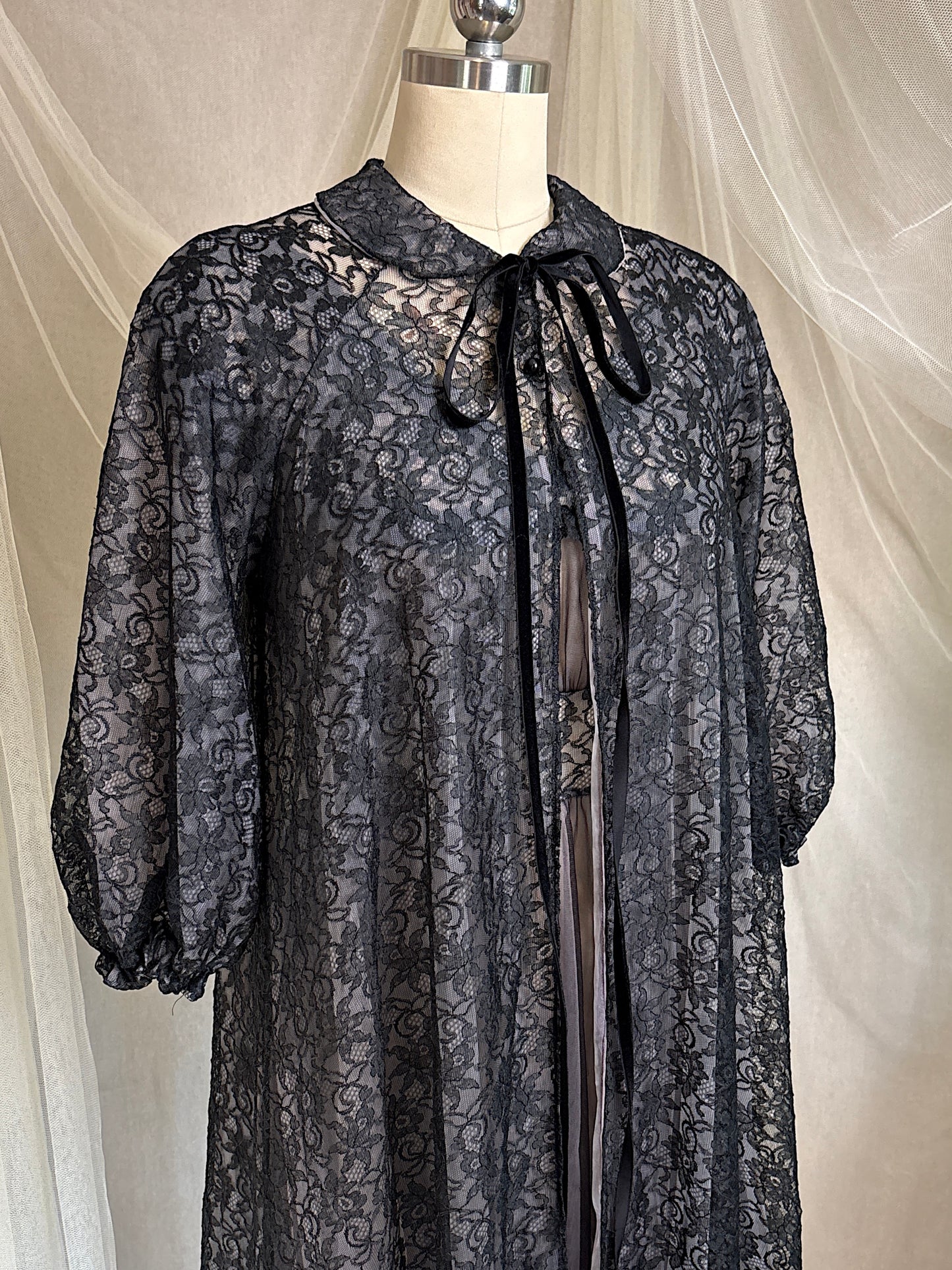 Vintage 1950's - 1960's Peignoir & Nightgown Set - Powder Pink Nylon Chiffon with Black Lace Overlay by Radcliffe | XS, S