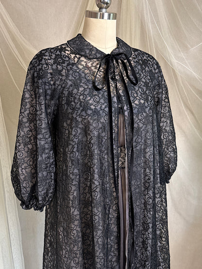 Vintage 1950's - 1960's Peignoir & Nightgown Set - Powder Pink Nylon Chiffon with Black Lace Overlay by Radcliffe | XS, S