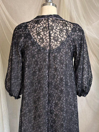 Vintage 1950's - 1960's Peignoir & Nightgown Set - Powder Pink Nylon Chiffon with Black Lace Overlay by Radcliffe | XS, S