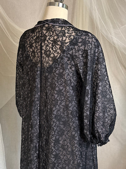 Vintage 1950's - 1960's Peignoir & Nightgown Set - Powder Pink Nylon Chiffon with Black Lace Overlay by Radcliffe | XS, S