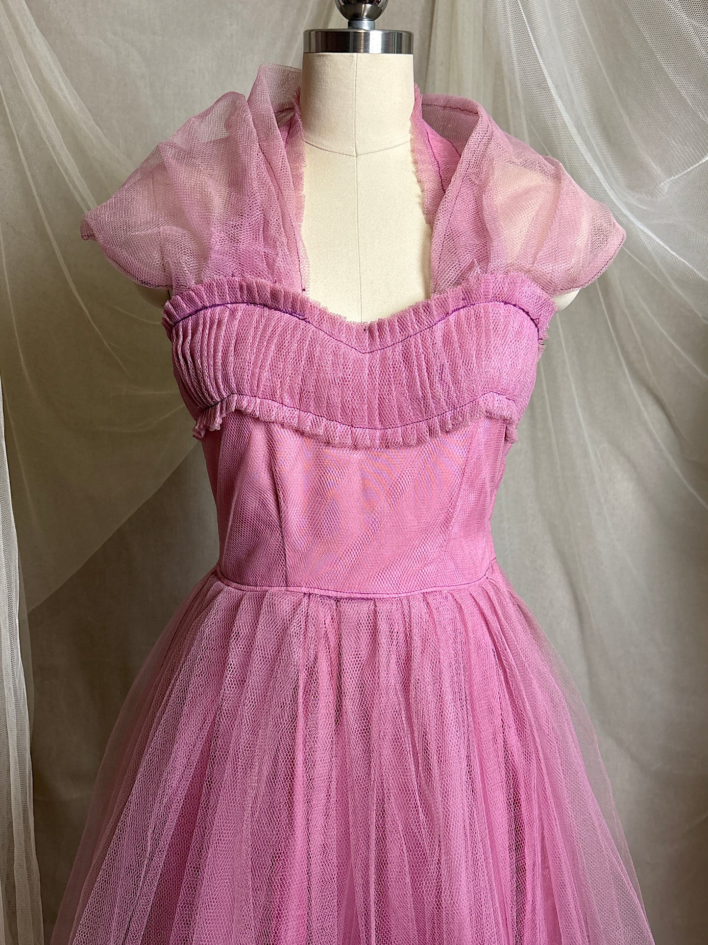 Vintage 1950's Cupcake Halter Dress - Lilac Purple Taffeta with Tulle Overlay & Floral Adornments | S, M