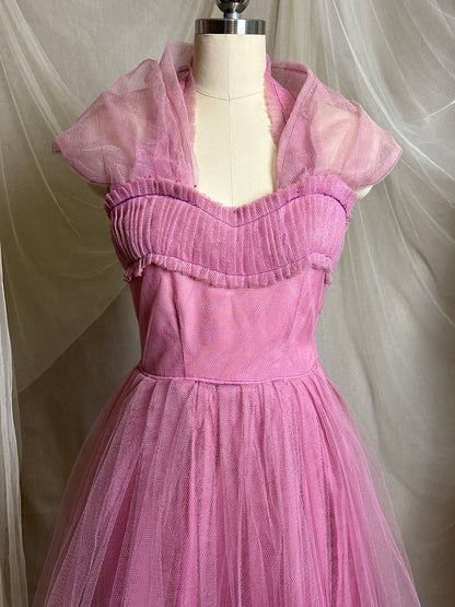 Vintage 1950's Cupcake Halter Dress - Lilac Purple Taffeta with Tulle Overlay & Floral Adornments | S, M
