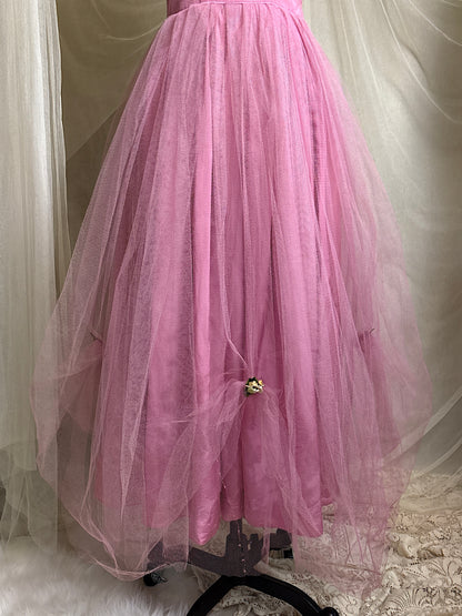 Vintage 1950's Cupcake Halter Dress - Lilac Purple Taffeta with Tulle Overlay & Floral Adornments | S, M