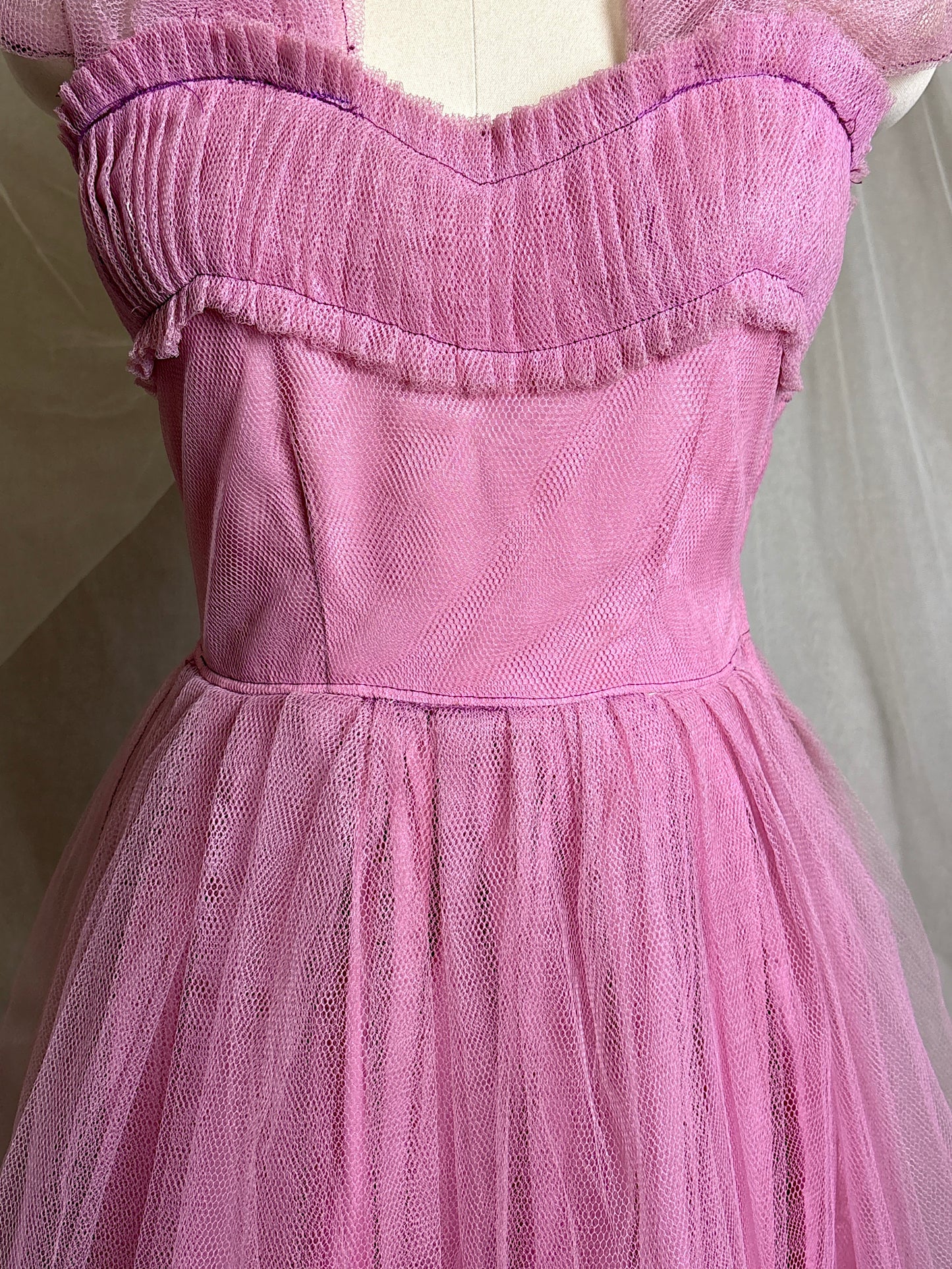 Vintage 1950's Cupcake Halter Dress - Lilac Purple Taffeta with Tulle Overlay & Floral Adornments | S, M