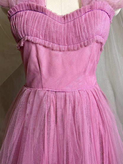 Vintage 1950's Cupcake Halter Dress - Lilac Purple Taffeta with Tulle Overlay & Floral Adornments | S, M
